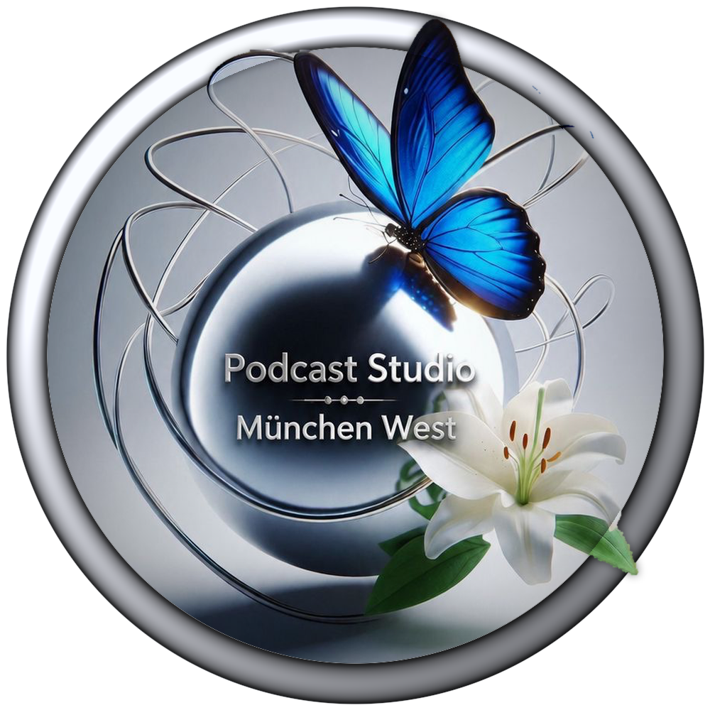 Podcast Studio München West – Chrom-Kugel mit blauem Schmetterling